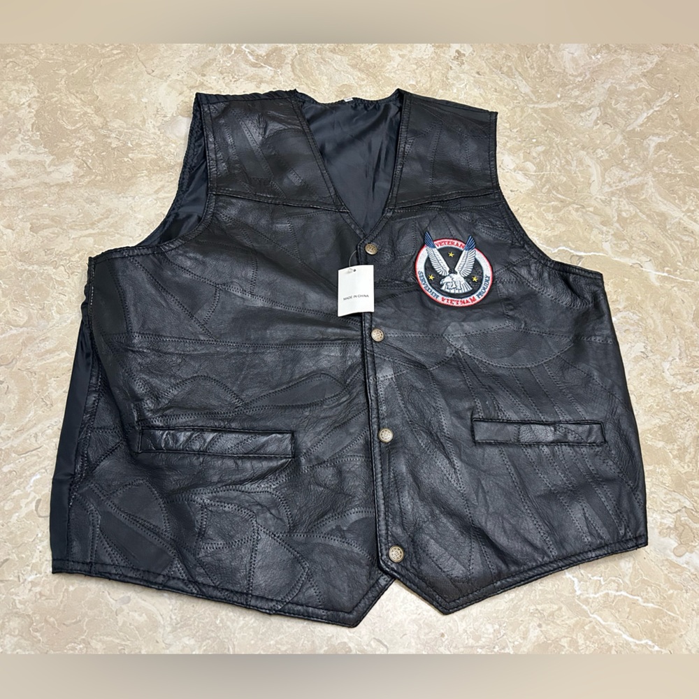Black Leather Vest with Vietnam Veterans Patch